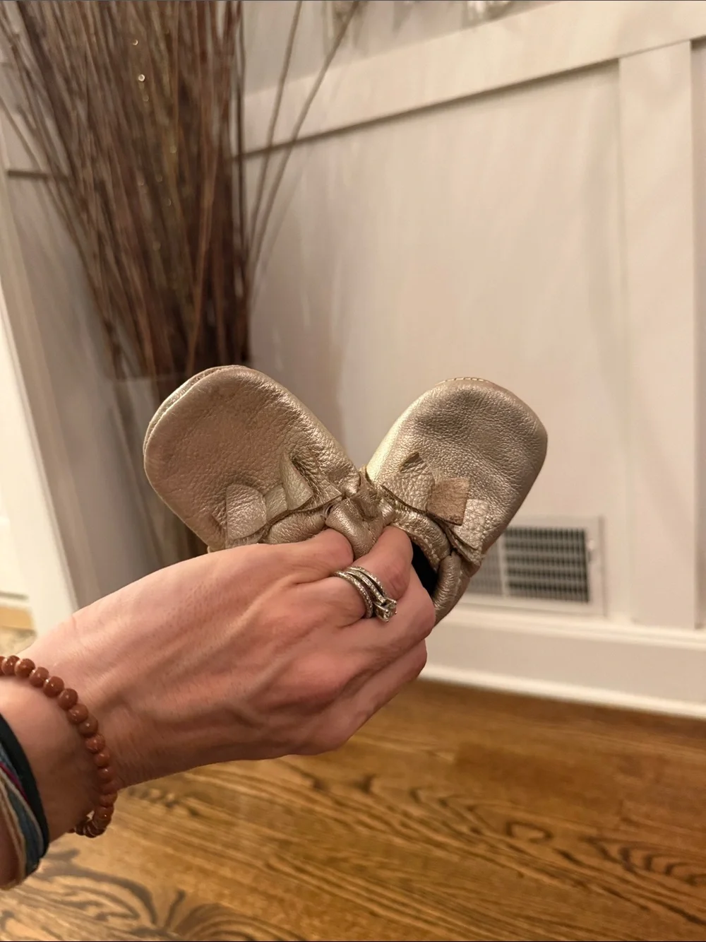 Freshly Picked Metallic Gold Bow Moccasins for Kids